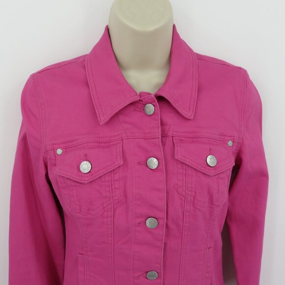 GUESS Women Small Pink Stretchy Denim Jean Jacket Collared Button Front Pockets - Picture 2 of 10
